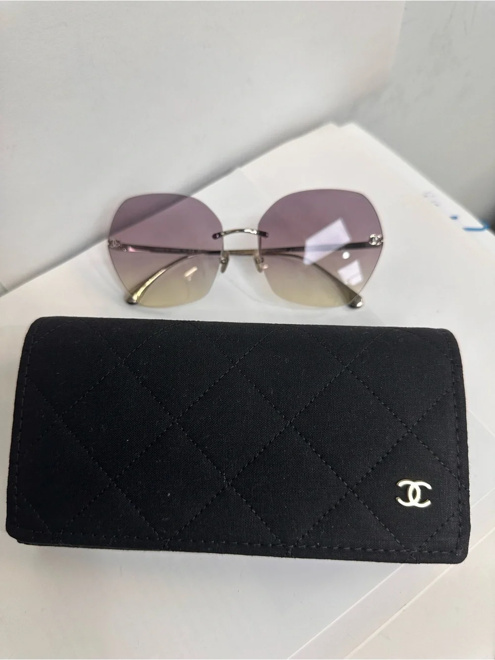 CHANEL Purple Gradient Rimless Sunglasses with Black Quilted Case